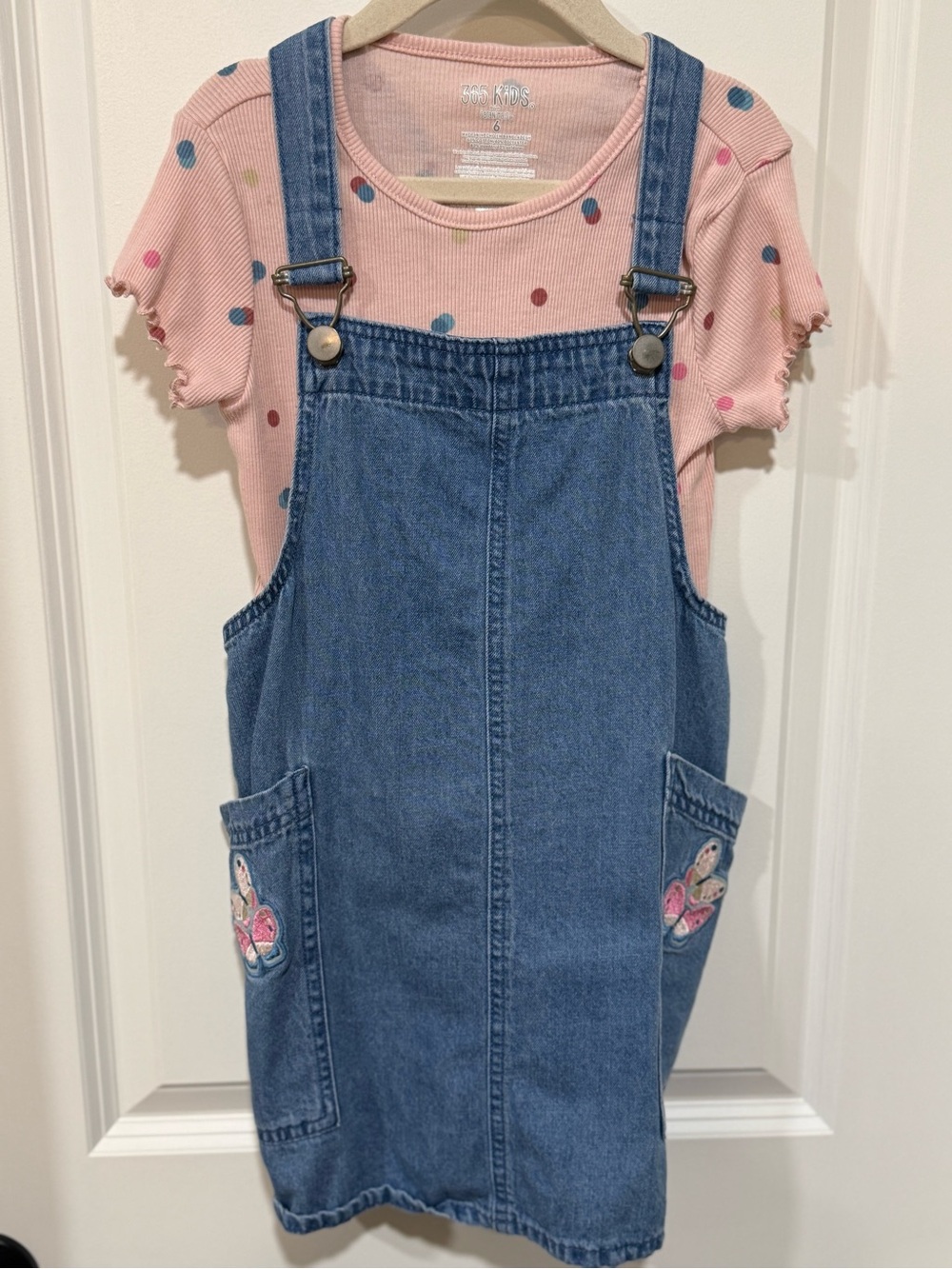 Girls Pink Polka Dot Tee & Blue Denim Overall Dress Set